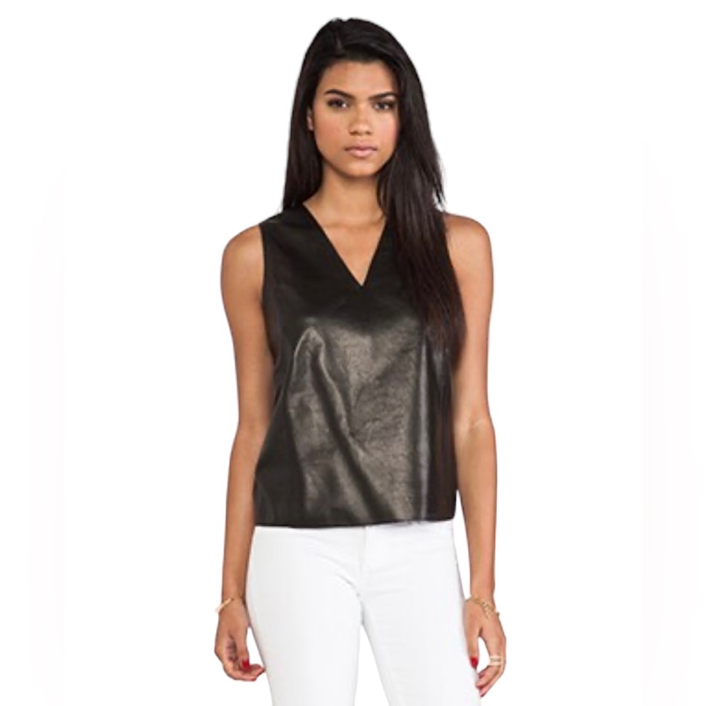 Vince Lamb Leather and Silk V-Neck Top Chocolate Brown Size 4